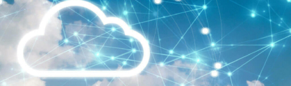 The image for choosing best cloud provider shows a blue sky with clouds. Overlayed on the image is a white, glowing outline of a cloud and interconnected web.
