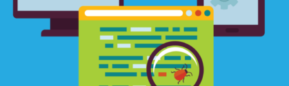 The testing microservices header image shows a computer and tablet screen. In front of the screens is a browser window with a ladybug walking across it. A magnifying glass hovers over the ladybug.