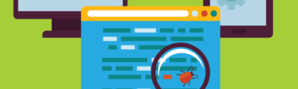 The microservices testing tools header image shows a computer and tablet screen. In front of the screens is a browser window with a ladybug walking across it. A magnifying glass hovers over the ladybug.