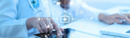 The FHIR Implementation banner shows a female doctor sitting at a desk. She is tapping the screen of a tablet, and above it is a graphic representing a connected healthcare system.