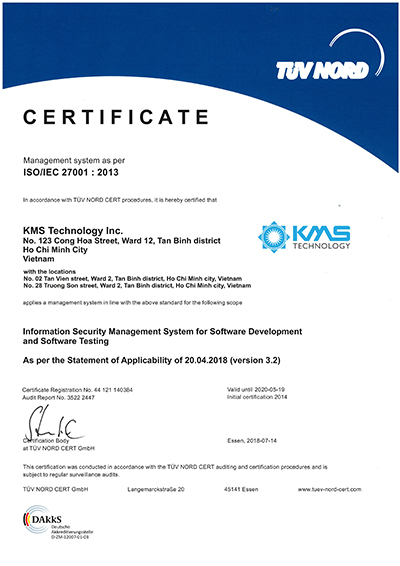 KMS Technology ISO 27001 2013 Certification from Tuv Nord in Security Management