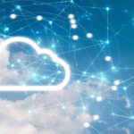 The image for choosing best cloud provider shows a blue sky with clouds. Overlayed on the image is a white, glowing outline of a cloud and interconnected web.