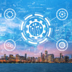 Automation concept with downtown Chicago cityscape skyline symbolizing enterprise MVP development