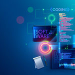 Software development coding process concept. Programming, testing cross platform code, app on laptop, tablet, phone.