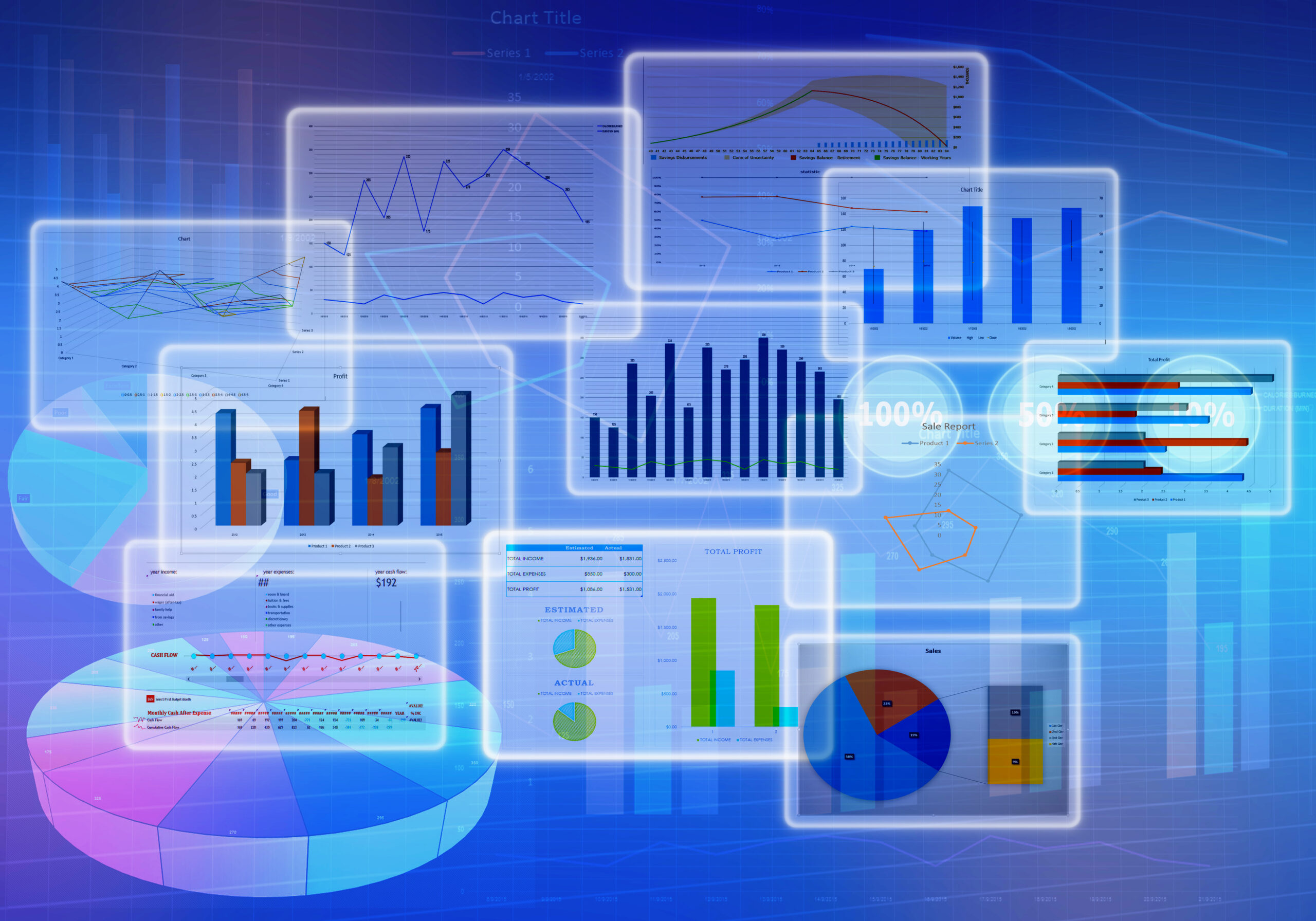 Charts and reports symboling big data analytics reporting