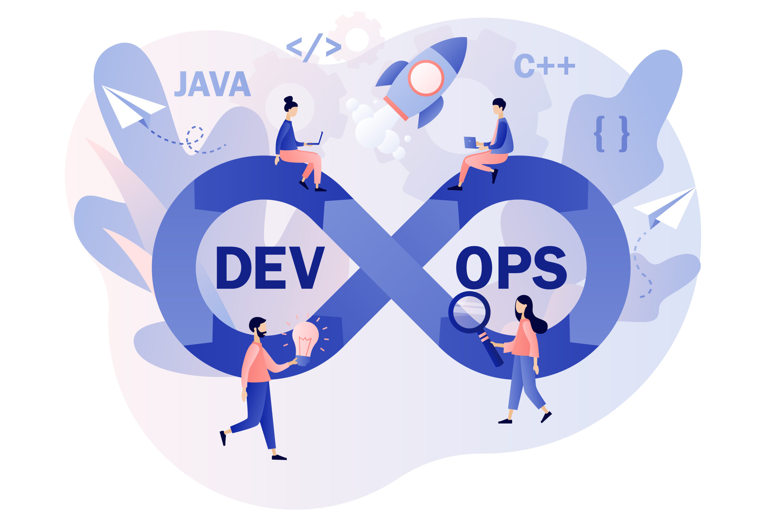 DevOps concept. Tiny programmers practice of development and software operations. Sign of infinity as symbol software engineering. Modern flat cartoon style. Vector illustration