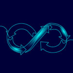 Single continuous line art devops agile concept. Infinity symbol team workflow programming project management. Design one stroke sketch neon drawing vector illustration art.