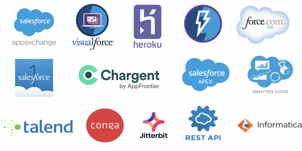 Salesforce, Visual Force, Heroku, Force.com, Chargent, Talend, Conga, Jitterbit, Rest API, Informatica.