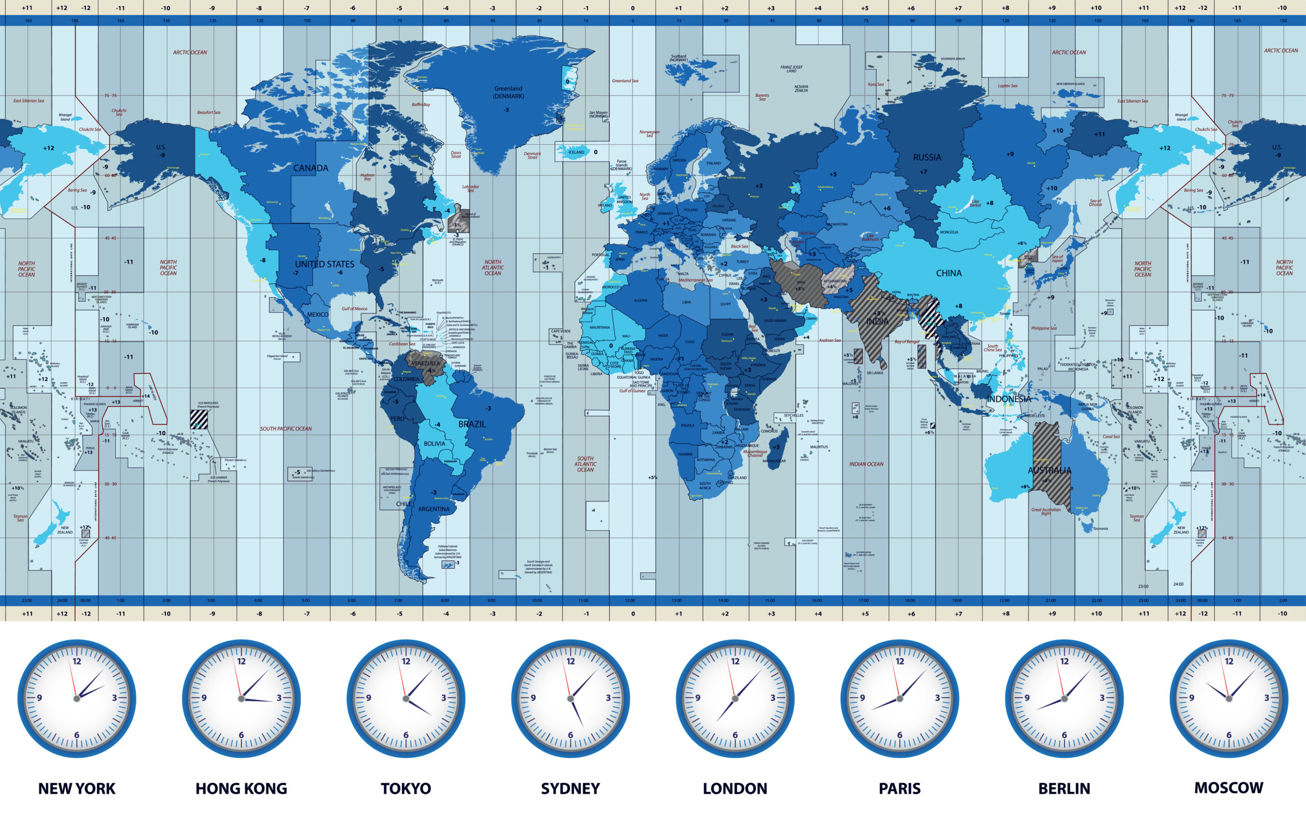 Map of the world standard time zones in blue colors