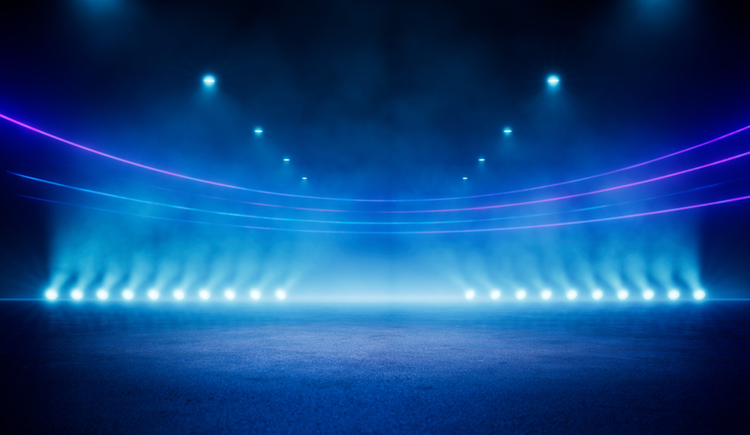 Abstract blue neon stadium background illuminated with lamps on ground. Science, product and sports technology background.