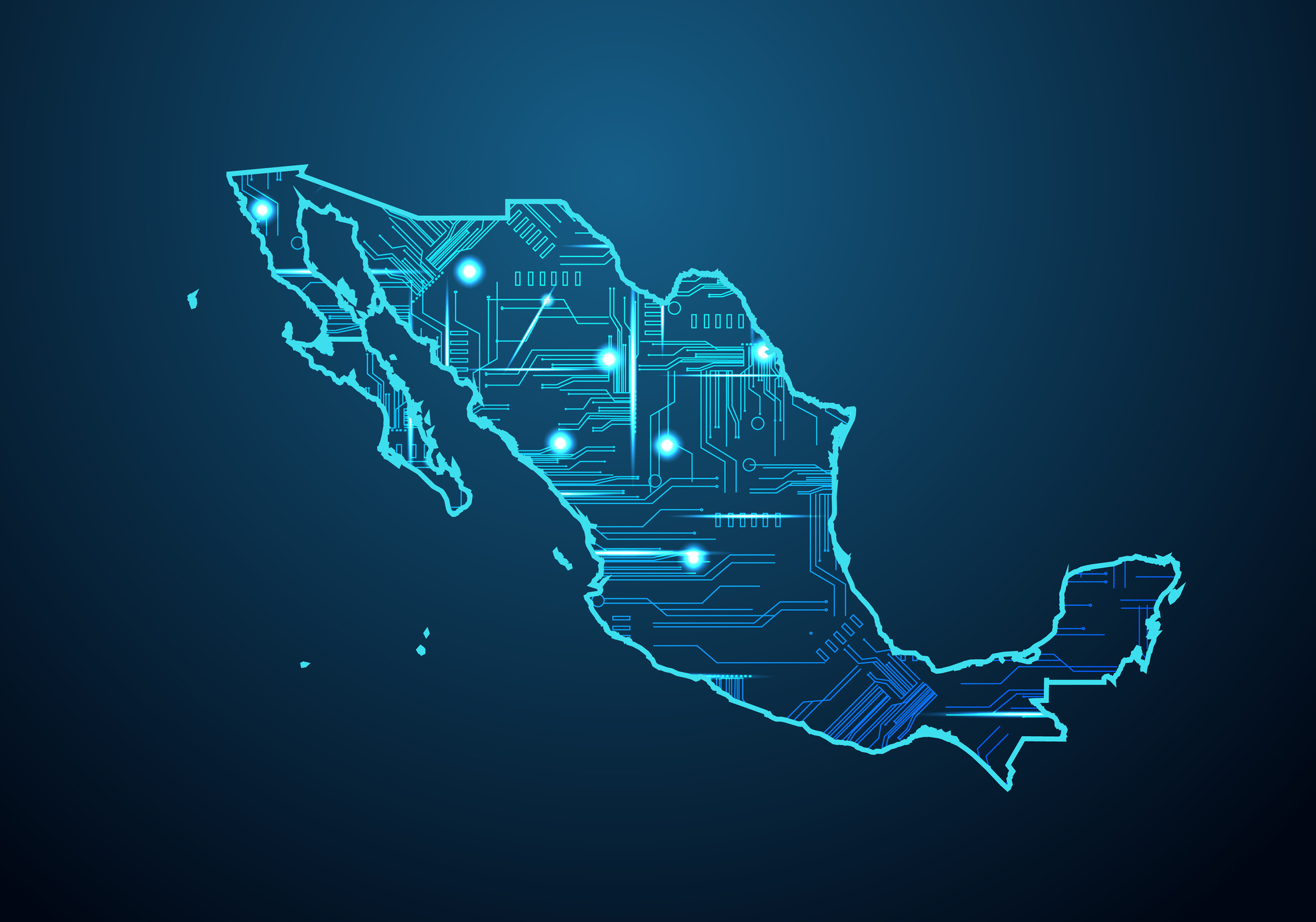 Abstract futuristic map of mexico. Circuit Board Design Electric of the region. Technology background.
