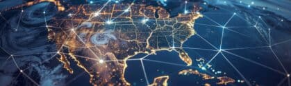 A map of America with bright lights represents technology development in the modern day