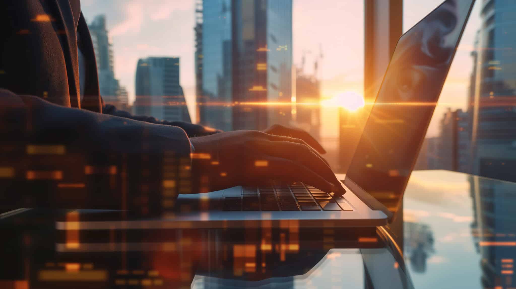 Close up person typing on a laptop, double exposure technology coding background