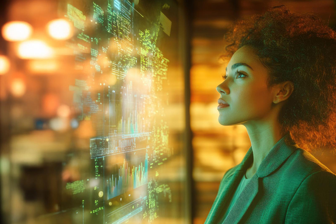 Woman observing a glowing digital interface with data and graphs, symbolizing artificial intelligence and innovation.