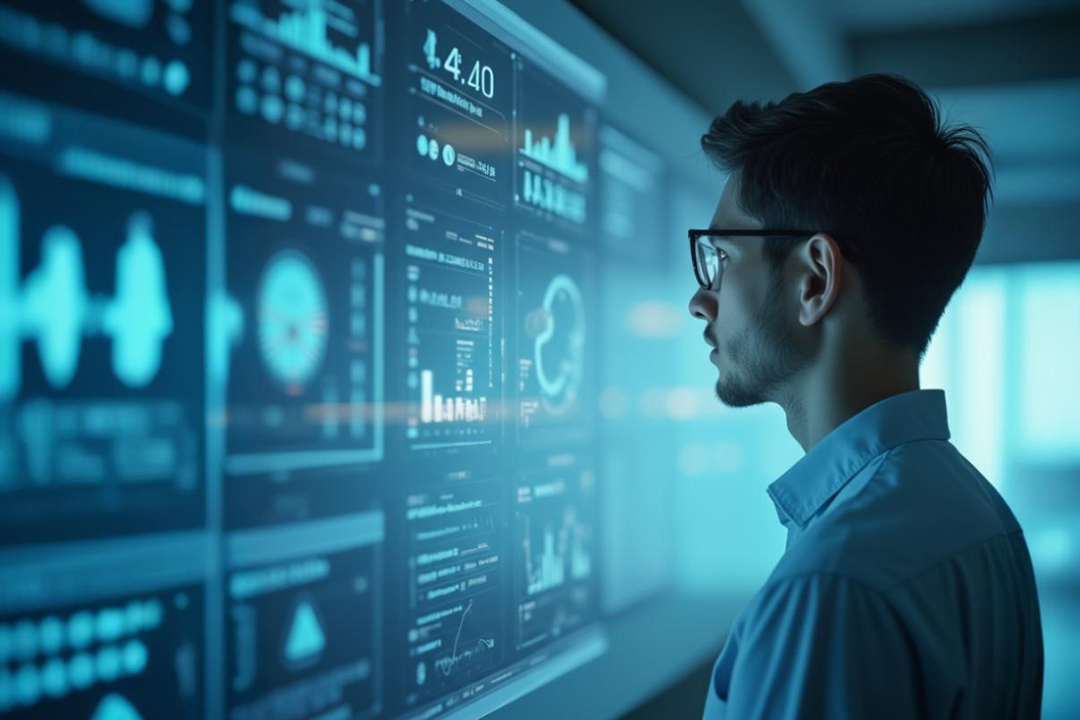 person interacting with futuristic digital projection